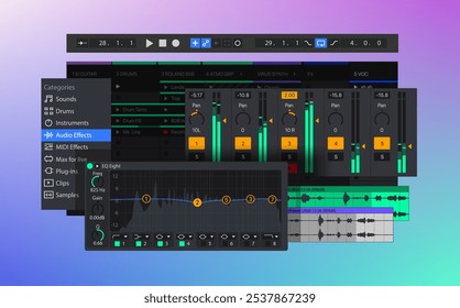 Digital Audio Workstation DAW application. Program for creating, recording, mixing and master music and other audio. Vector illustration