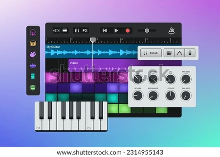 Digital audio workstation. Daw interface vector illustration. Drum pads user interface. Sampler midi controler [[stock_photo]] © 