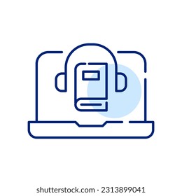 Digital audiobook library. Listening to books from laptop. Learning remotely. Pixel perfect, editable stroke