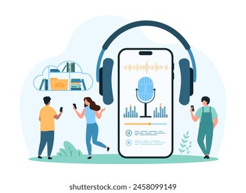 Audiolibro digital, música y guía en línea. Las personas pequeñas leen libros de la estantería de la Biblioteca de la nube, escuchan y graban el sonido de las notas usando el App móvil del micrófono y la Ilustración vectorial de dibujos animados de los auriculares