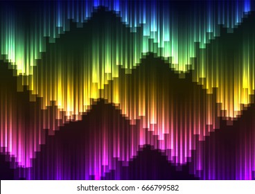 digital aurora abstract background, rainbow bar template, zigzag dark colorful background, vector illustration