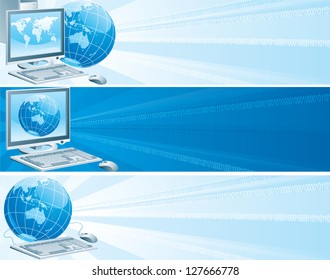 Digital Australia. Set of vector banners with computer, flat monitor,  mouse and  globe on an abstract background