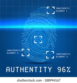 Digital authenticity finger scan vector illustration over blueprint paper with inauthentic element
