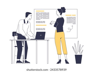 Digital authors at workplace linear. Copywriters evaluate article. Freelancers and remote workers create online content for social networks. Simple flat vector illustraton isolated on white background