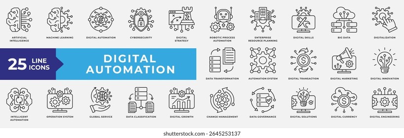 Conjunto de coleta de ícones de Automação Digital. Contendo inteligência artificial, aprendizagem automática, digital, automação, segurança cibernética, big data, sistema operacional e engenharia. Vetor de linha simples.