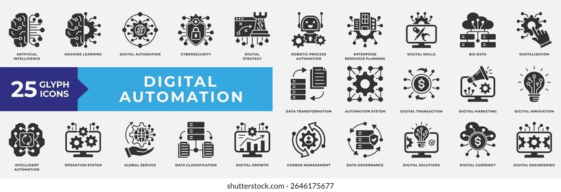 Conjunto de coleta de ícones de Automação Digital. Contendo inteligência artificial, aprendizagem automática, digital, automação, segurança cibernética, big data, sistema operacional e engenharia. Vetor de Glifos Simples.