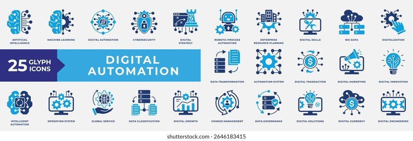 Digital Automation icons collection set. Containing artificial intelligence, machine learning, digital, automation, cybersecurity, big data, operation system and engineering. Simple Flat Vector.