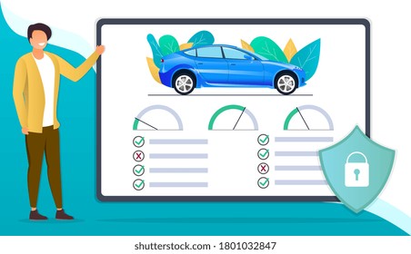 Digital automobile security monitoring app showing a man alongside a mobile device with lock and car, colored vector illustration