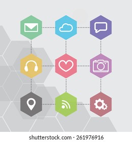 Digital background with app icons for infographic and web design. Minimalistic flat style illustration