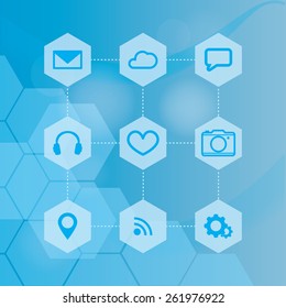 Digital background with app icons for infographic and web design. Minimalistic flat style illustration