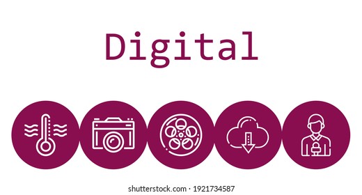 digital background concept with digital icons. Icons related news reporter, thermometer, film, camera, cloud computing