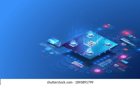 Digital background. Cube, box, blockchain consists matrix of digits. Futuristic microchip CPU processor with lights on the blue background. Quantum computer, large data processing, database concept.AI