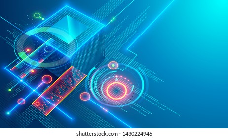 Digital background. Cube or box consists matrix of digits. Block chain of abstract finance data, business graphic. Blockchain fintech technology and mining cryptocurrency conceptual internet banner.