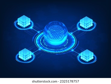 Digital background featuring an artificial intelligence circle as data and signal converter. Connects data servers via wireless networks, symbolizing advanced connectivity.