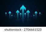 A digital background featuring glowing blue arrows rising upward, symbolizing technology growth, innovation, and increasing performance. Perfect for business, finance with glowing blue upward arrow