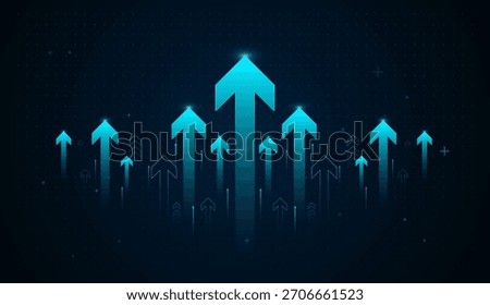 A digital background featuring glowing blue arrows rising upward, symbolizing technology growth, innovation, and increasing performance. Perfect for business, finance with glowing blue upward arrow