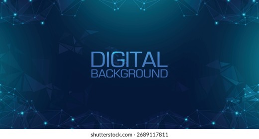 Plano de fundo digital com pontos conectados brilhantes e rede de polígonos em azul escuro.