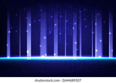 Digital background with glowing vertical lines, binary code and futuristic grid floor, ideal for technology and data themes, vector illustration - Powered by Shutterstock - Get 15% off with code: PIKWIZARD15
