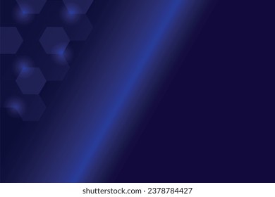 Digital  background with hexagons.On a blue background, on one side there are dark blue and light blue hexagons with a glow. In the middle of the illustration there is a light blue line at an angle. 