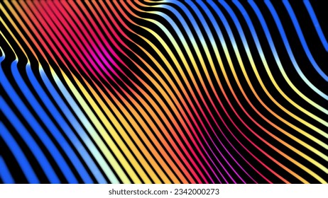 Digital background, rainbow multicolor line waves, bokeh. Data flow visualization. DOF. Cold blue colors. 3D style. Height map.