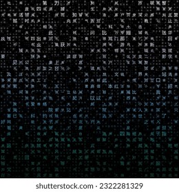 Fondo digital. Caracteres aleatorios del alfabeto chino simplificado. Patrón de matriz degradada. Fondo de temática de color verde morado. Inclinable horizontalmente. Ilustración vectorial con estilo.