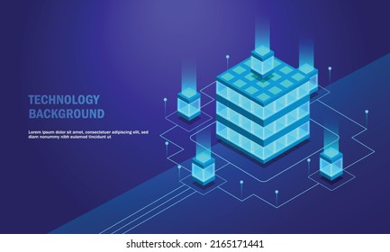 Digital background. Vector realistic 3d cubes with blue glowing on dark blue background. futuristic vector illustration . Block chain of abstract background . Big Data Processing.