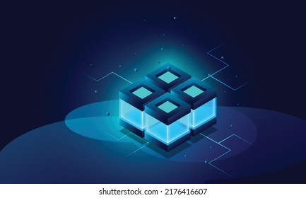 Digital background. Vector realistic 3d cubes with blue glowing on dark blue background. futuristic vector illustration . Block chain of abstract background . Big Data Processing.