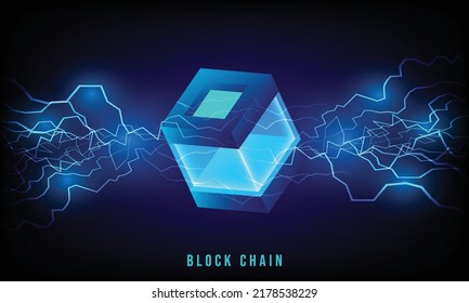 Digital background. Vector realistic 3d cubes with blue glowing on dark blue background. futuristic vector illustration . Block chain of abstract background . Big Data Processing.