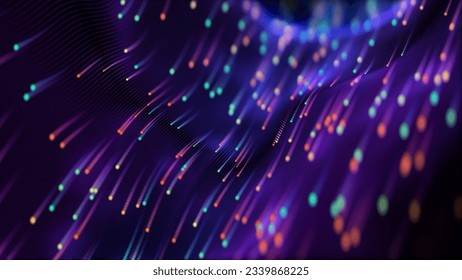 Digital background, violet dot waves with trails, anamorphical blur. Matrix trails. Data flow visualization. DOF.