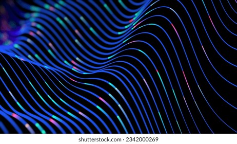 Digital background, violet line waves with trails, bokeh. Matrix trails. Data flow visualization. DOF. Cold blue colors