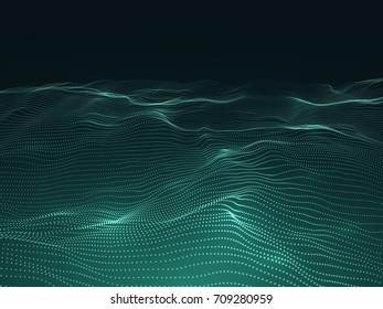 Digital background with wavy surface. 3d futuristic landscape with particles. Sound waves data vector concept. Futuristic flow surface layer illustration