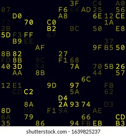 Digital background. Yellow sparse hexadecimal pairs background. Small sized seamless pattern. Creative vector illustration.