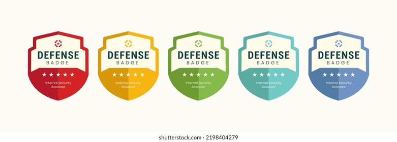 Digital badge shield defense design. Vector emblem certified company training. Protect icon with 5 stars.