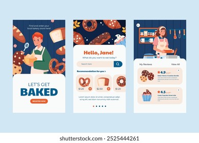 A digital bakery app interface featuring a cheerful baker mixing dough, a food recommendation section, and user reviews. 