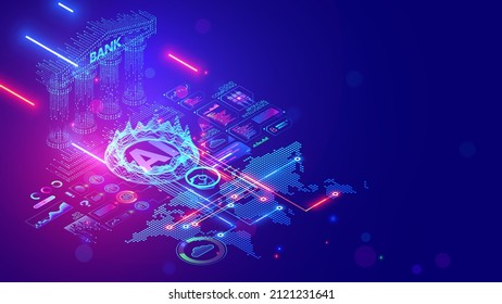 Digital bank. fintech or financial technology. Artificial intelligence in banking services, analitics safety transaction. Computer technology in online bank. AI protects internet money transfer.