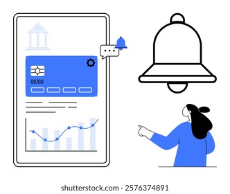 A digital bank interface display with charts, a notification bell, and a user pointing. Ideal for financial apps, banking services, data representation, app notifications, and user interaction design