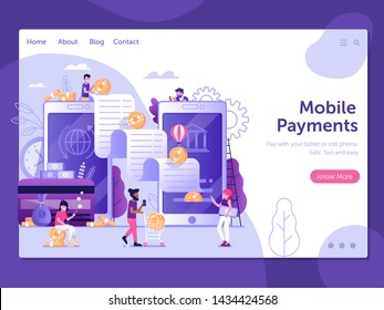 Digital bank Landing page template with flat people characters doing mobile to mobile transfer of money. Smartphone banking payment wire transaction finance web banner concept in flat design.