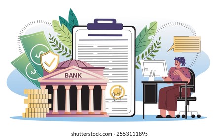 Digital bank service. Woman at computer enters into agreement with bank. Banking application. Debit and credit, financial deals. Flat vector illustration isolated on white background