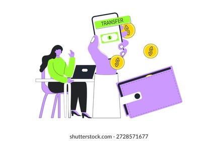 Der digitale Banküberweisungsprozess oder der Prozess der Geldüberweisung von einem Gadget in eine Geldbörse. Finanzkonzepte.