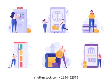 Digital bank UI illustrations in flat design. Concepts of bank deposit, credit score, transfer money, cashback. People saving money with banking finance service. Set of banking vector illustrations