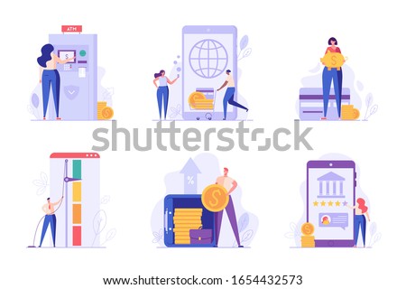 Digital bank UI illustrations in flat design. Concepts of bank deposit, credit score, transfer money, cashback. People saving money with banking finance service. Set of banking vector illustrations