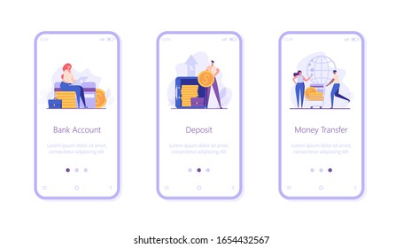 Digital Bank UI Onboarding Screen Illustrations For Mobile Application. Concepts Of Bank Deposit, Account, Transfer Money. People Saving Money With Banking Service. Set Of Banking Vector Illustrations