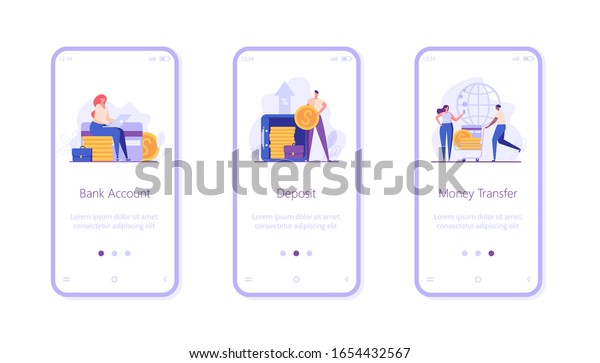 モバイルアプリケーション用のデジタルバンクuiオンボード画面イラスト 預金 口座 振込金のコンセプト 銀行業務でお金を節約する人々 銀行のベクター画像 イラストのセット のベクター画像素材 ロイヤリティフリー