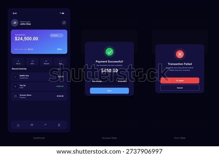 Digital banking app UI design showcasing a dashboard with balance, a successful payment confirmation screen, and an error message for failed transactions in dark mode.