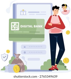Digital banking application illustration showing customer using mobile banking platform for secure online financial transactions. Ideal for fintech apps, mobile banking services, online payment systems, banking technology platforms, and business finance concepts.