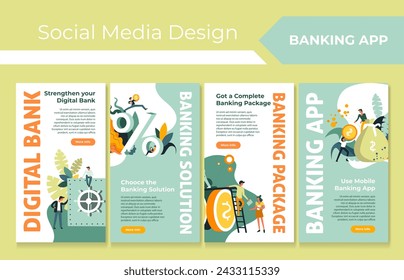 Digital banking application social media set. Story collection online bank application with package, solution. Color vector illustration with tiny people character with money, safe