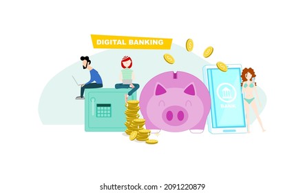 Digital Banking Concept Online Banking. People can control their finances in all their activities through online digital banking. Flat design vector illustration.