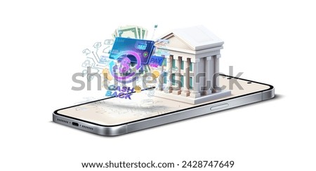 Digital Banking Concept with Smartphone and Cashback Illustration. A 3D smartphone showcasing a vibrant digital banking interface with cashback rewards and bank iconography. Internet banking app.