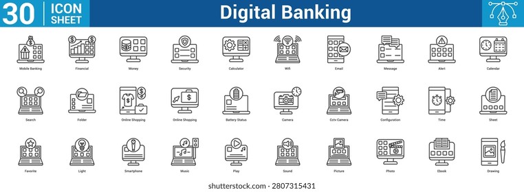 Digital Banking editable icon set vector illustration concept for business with icon of Mobile Banking, Financial, Money, Security, Calculator, Wifi, Email, Message, Alert, Calendar, Search, Folder.