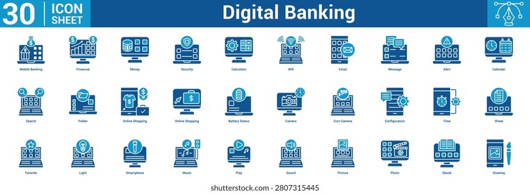 Digital Banking editable icon set vector illustration concept for business with icon of Mobile Banking, Financial, Money, Security, Calculator, Wifi, Email, Message, Alert, Calendar, Search, Folder.